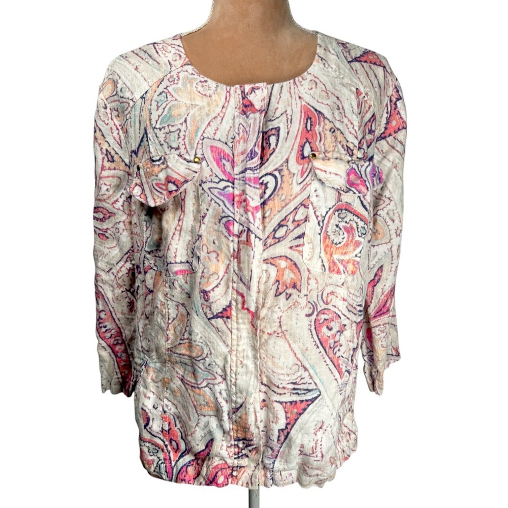 Chicos‎ Womens Linen Jacket Top Pink Paisley Full Gold Zip Sz 3 - US Sz XL